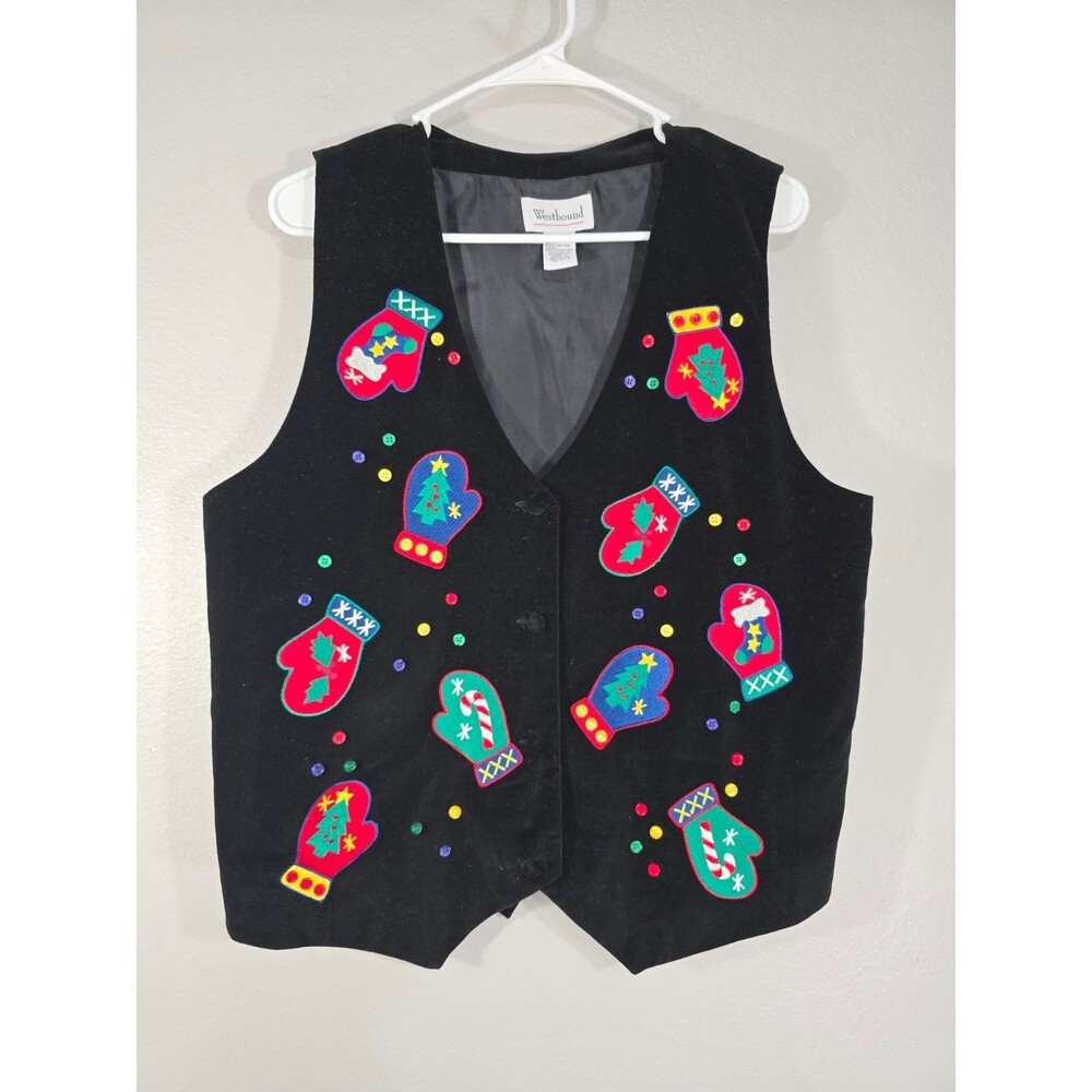Westbound Womens Christmas Vest Embroidered Mittens Large Grannycore Ugly AC